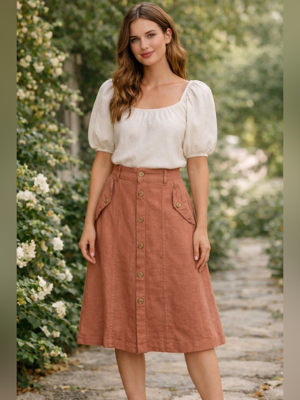 Outland Denim Linen Button Front Midi Skirt XS Cargo Pocket A-Line spring skirt